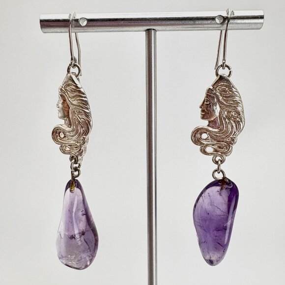 Sterling Silver 925 Amethyst Nugget Victorian Lady Dangle Earrings 3" Length - Picture 2 of 15